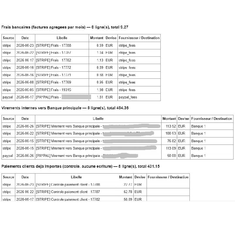 Récapitulatif par catégorie : frais bancaires agrégés par mois, virements internes vers la banque principale, paiements clients déjà importés.