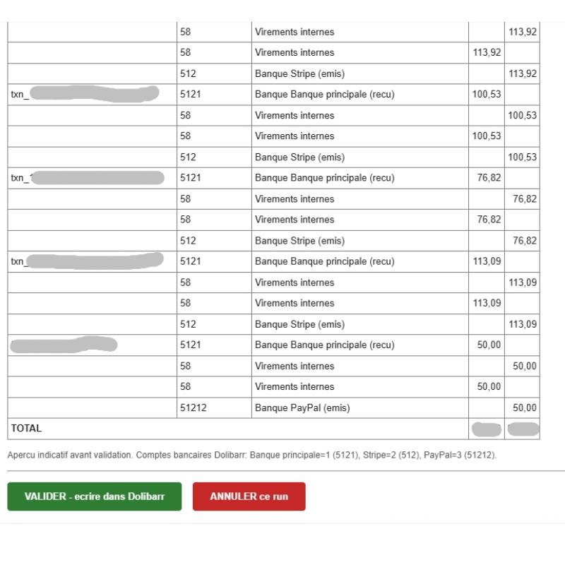Journal comptable indicatif avec les comptes 58, 512, 5121 et 51212, suivi des boutons Valider et Annuler.