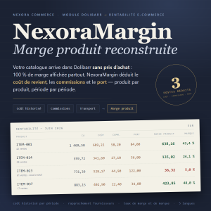 NexoraMargin : module Dolibarr qui calcule le coût de revient réel et la marge nette de chaque produit, commissions de paiement et transport déduits.