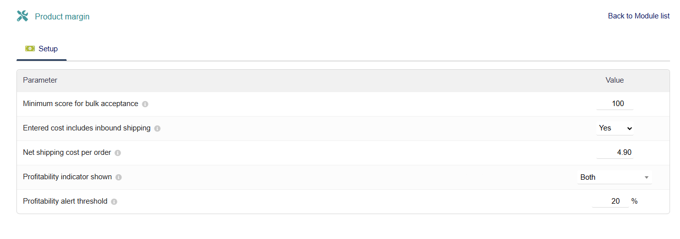 NexoraMargin setup page in Dolibarr: minimum score for bulk acceptance, whether the entered cost includes inbound shipping, net shipping cost per order, profitability indicator shown, alert threshold, then the invoice and order statuses counted as turnover.