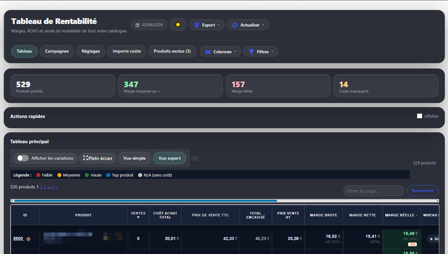 Tableau de rentabilité ROAS Analyzer Pro dans l'administration WooCommerce : produits publiés, marge moyenne ou supérieure, marge faible, coûts manquants, puis le tableau produit par produit.