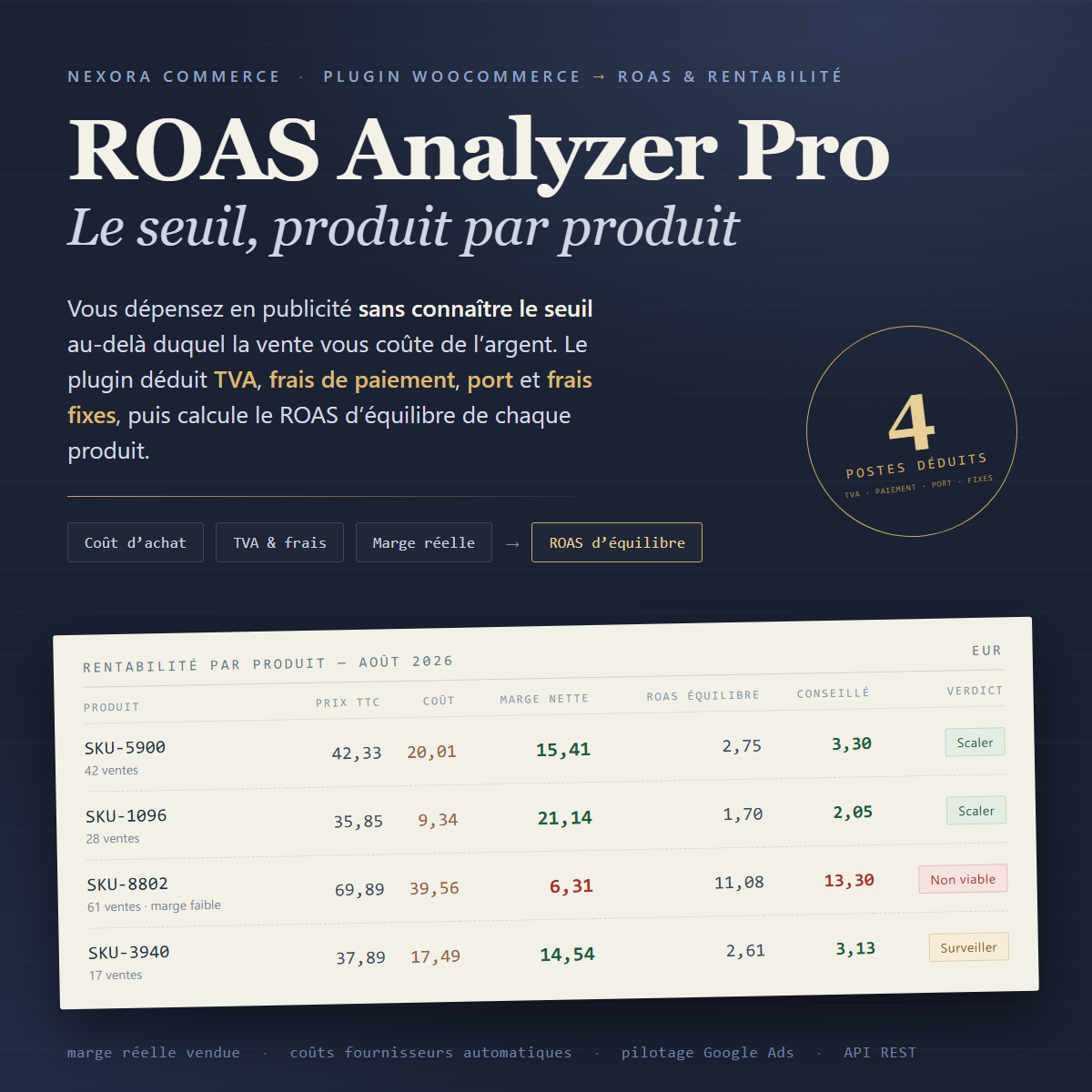 ROAS Analyzer Pro : plugin WooCommerce qui calcule la marge nette réelle et le ROAS d'équilibre de chaque produit, TVA, frais de paiement, port et frais fixes déduits.